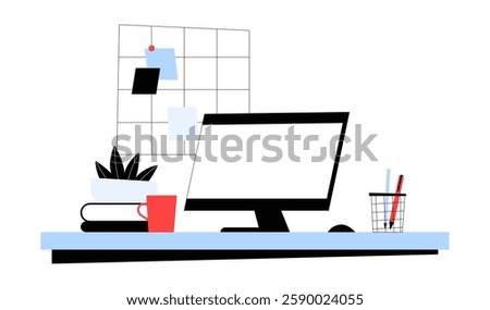 Office Desk With Computer, Coffee Cup, And Books In Flat Vector Illustration Symbolizing Productivity, Remote Work, And Home Office Setup, Isolated On White Background