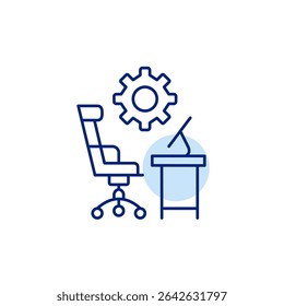 Office desk, computer and cogwheel. Technical training and learning, software development. Pixel perfect, editable stroke vector icon