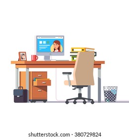 Office desk with a computer, comfortable chair and a pedestal drawer. Flat style modern vector illustration.