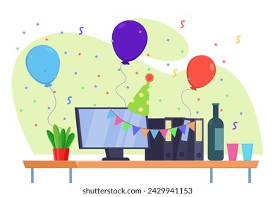 Office desk with computer decorated with party hat, flags and balloons. Vector illustration. Bottle of wine and plastic cups on table. Confetti on background. Office party, celebration concept