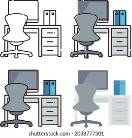 office desk with computer display, file boxes and chair set of strokes and fill