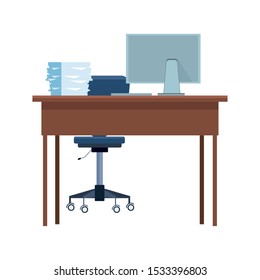 Office desk with computer and documents tray over white background, vector illustration