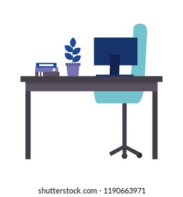 office desk computer folder chair plant