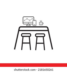 Office desk with computer and hot coffee in cup, line icon vector