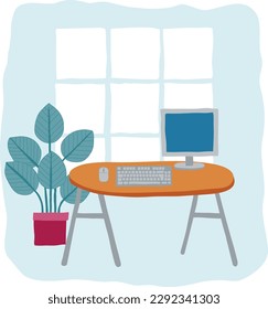 An office desk with a computer and house plant business illustration