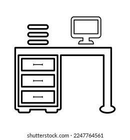 Office Desk With Computer Icon in Line Style