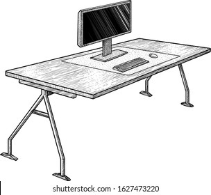 Office desk with computer illustration, drawing, engraving, ink, line art, vector
