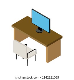 office desk with computer isometric icon isolated on white background