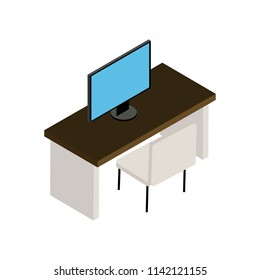 office desk with computer isometric icon isolated on white background