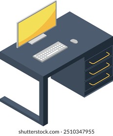 Escritório com ícone isométrico do computador. Mobiliário de espaço de trabalho