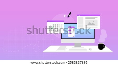 Office desk with computer, keyboard, mouse, stationery, and hot beverage. Browser, calendar, and chat running. Employee modern workplace background.