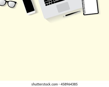 office desk with computer keyboard, smartphone and other office supplies. Top view with copy space.vector