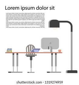 Office desk with computer and lamp for graphic designer flat design with text.vector illustration.Technology concept.
