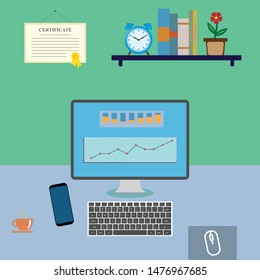 Office desk with computer, mobile phone and a cup of coffee