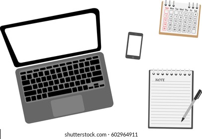 office desk with computer notebook top view white background  vector  illustration. 