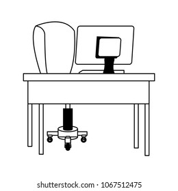 Office desk and computer on black and white