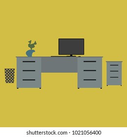 office desk with a computer on it and a curbstone and a trash can near. flat cartoon style vector illustration isolated on yellow