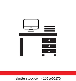 Office desk with computer and papers, line icon vector