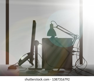 Office Desk with computer and phone in front of the window at dawn