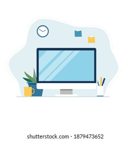 Office desk with computer, plant, 
 a cup of coffee or tea, clock and colorful stickers. Workspace concept. Workplace in flat style. Colorful home office. Vector illustration