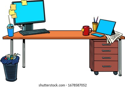 office Desk with computer. Pop art retro vector illustration vintage kitsch 50s 60s style