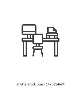 Office desk with computer and printer line icon. linear style sign for mobile concept and web design. Office workplace outline vector icon. Symbol, logo illustration. Vector graphics
