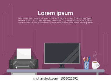 Office Desk With Computer And Printer Workplace Background