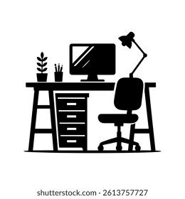 office desk with computer silhouette illustration