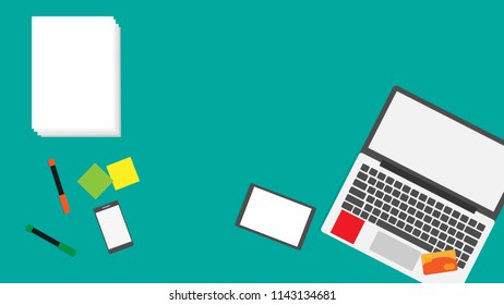Office desk, computer with smart phone and tablet in trendy flat style isolated on green background for technology and business concept. Vector illustration.
