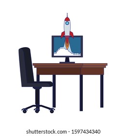office desk with computer with space rocket icon over white background, colorful design, vector illustration
