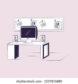 office with desk computer speakers board note vector illustration