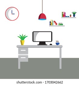 Office desk with computer. Vector illustration. 