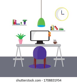 Office desk with computer. Vector illustration. 