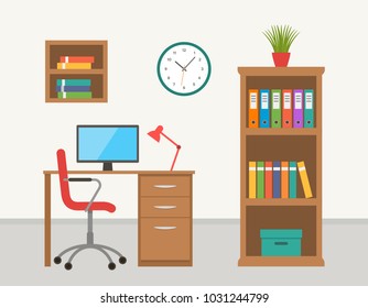 An office with a desk, computer-controlled, an armchair and a wardrobe. Interior worker. vector illustration isolated illustration