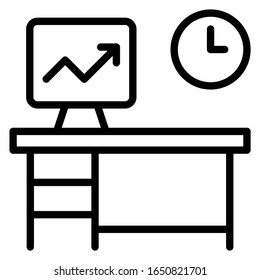 Office Desk Concept, Hrm symbol on white background, Workplace Table Clock and PC Vector Icon design