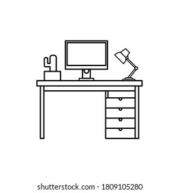 Office desk concept setup with monitor, table, cactus, and desk lamp