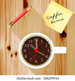 Office desk with a cup of coffee with a pencil, coffee time