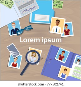 Office Desk With Cv Photos From Resume Hr Manager Workspace Top Angle View Workplace Concept Banner With Copy Space Flat Vector Illustration