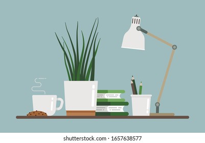 Office desk design with potted plant, diary, pencils, cup of coffee and cookie. Icon for business. Artist table