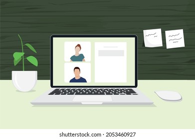 Office desk. Desktop with computer, mouse, plant.