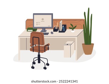 Office desk with desktop computer and vacant empty chair. Free unoccupied workplace, workspace. Business work place furniture, table and seat. Flat vector illustration isolated on white background