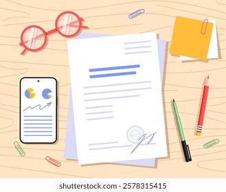 Office desk with documents, phone showing charts, glasses, pens, and sticky notes, set on a wooden background. Concept of workplace organization. Vector illustration