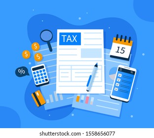 Office Desk with Documents for Tax Calculation. Finance Report with Graph Charts. Calendar show Tax Payment Date. Accounting and Financial Management Concept. Flat Cartoon Vector Illustration.