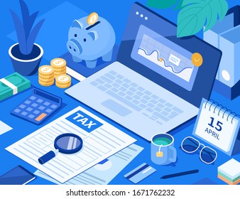 Office Desk with  Documents for Tax Calculation. Finance Report with Graph Charts. Calendar show Tax Payment Date. Accounting and Financial Management Concept. Flat Isometric Vector Illustration.