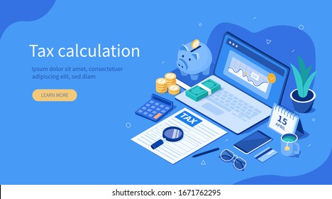 Office Desk with  Documents for Tax Calculation. Finance Report with Graph Charts. Calendar show Tax Payment Date. Accounting and Financial Management Concept. Flat Isometric Vector Illustration.
