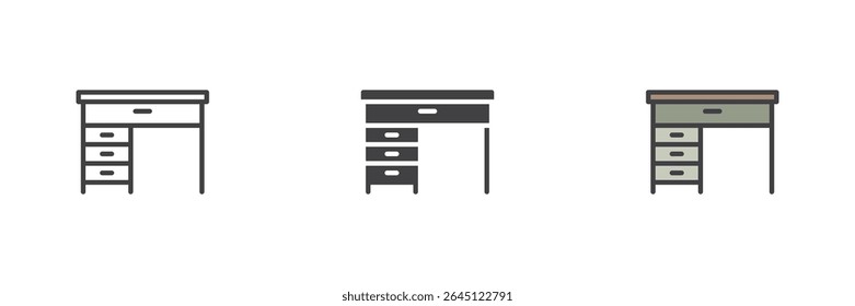 Office desk with drawers icon in different visual styles. Includes minimal line, bold solid, and colorful filled outline icon versions. Vector furniture symbol for workplace.