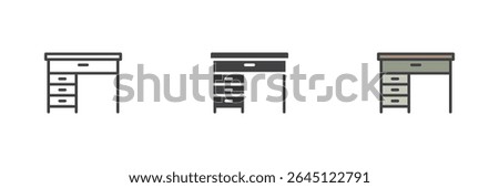 Office desk with drawers icon in different visual styles. Includes minimal line, bold solid, and colorful filled outline icon versions. Vector furniture symbol for workplace.