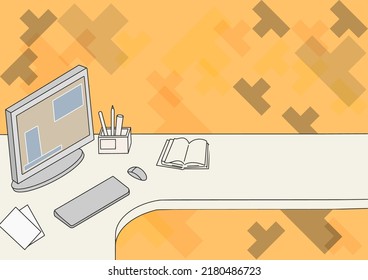 Office Desk Drawing With Computer Pen Holder And An Open Blank Notebook Arranged Properly. Table Top Design Keyboard And Monitor Stack Of Pencil Empty Notes Notepad.