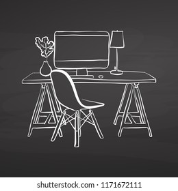 office desk drawing on chalkboard. hand-drawn vector sketch. business concept design.