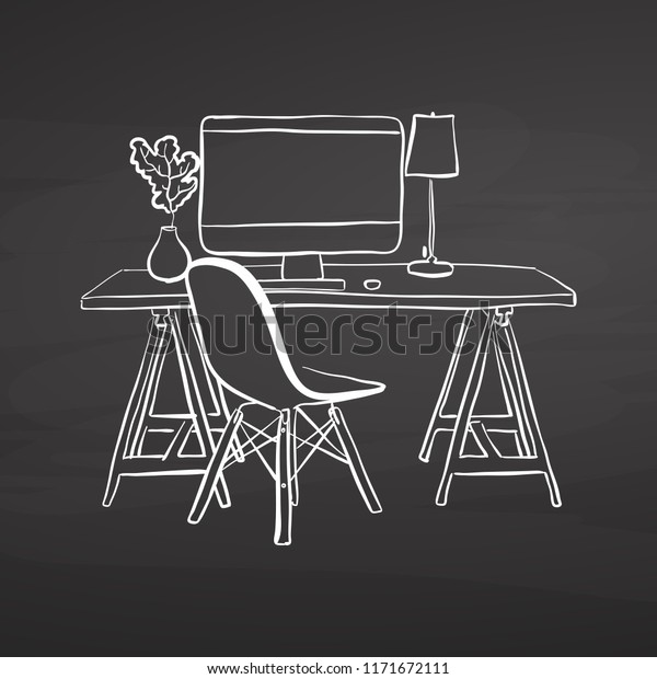 Office Desk Drawing On Chalkboard Handdrawn Stock Vector Royalty Free 1171672111